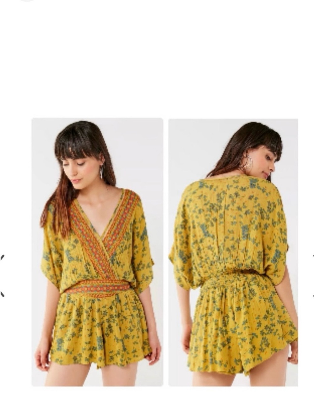 Urban Outfitters Yellow Floral V-Neck Romper with Embroidered Waist size S
